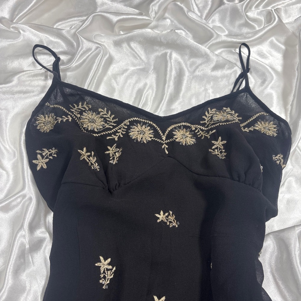y2k Cami Top Black Excellent Willi Smith Silk Embroidered Beaded Floral Tank - Picture 3 of 7